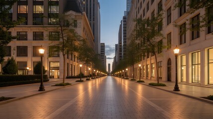 Obraz premium Empty City Street Lined with Lampposts and Trees at Dusk urban twilight