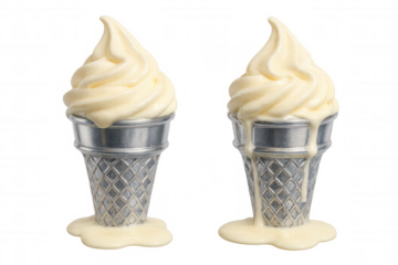 Soft serve ice cream cones dripping, gradually melting against translucent surface