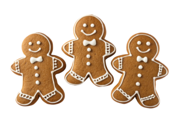 Gingerbread cookie trio with white icing decoration and smiling faces perfect for festive Christmas celebration and holiday joy