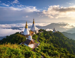 Majestic temples on a misty mountaintop