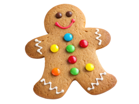 Gingerbread cookie decorated with colorful candy buttons and white icing for Christmas celebration with joyful festive mood