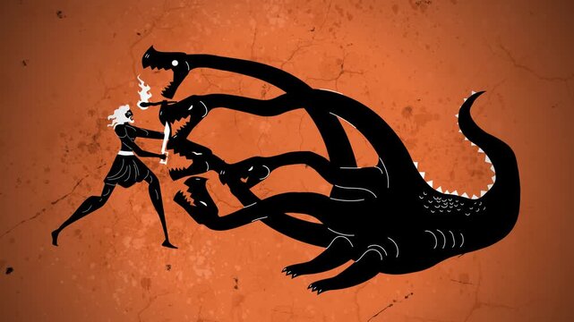 orange and black hercules scene fighting the hydra