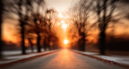 Sunset road through trees, soft focus