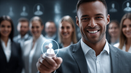 HR. Businessman touch word Human Resources development, recruitment process management, talent acquisition strategy, employee engagement programs, organizational growth, workforce optimization.