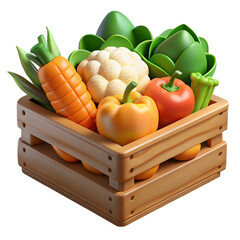 3d icon of fresh vegetables in a wooden crate isolated on transparent background