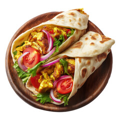Shish taouk grilled chicken kebab wrap filled with vegetables and herbs on wooden plate , isolated on white transparent background, concept of street fast food meal