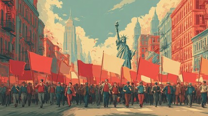 Retro-Inspired Illustration Showcasing a Colorful Labor Day Parade Featuring Diverse Groups Celebrating Togetherness and Joyful Traditions