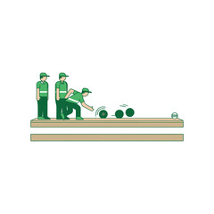 Illustration of men playing lawn bowls on a bowling green, Game of bowls illustration with players and balls, ready for action