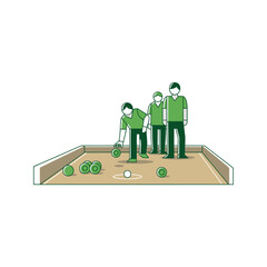 Animated Illustration of Three Men Playing Bocce Ball on a Court, Green-Themed Bocce Ball Game Illustration with Men in Green T-Shirts and a Marked Court