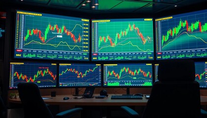 Financial charts displayed on multiple screens in a modern trading room,  desk,  screen