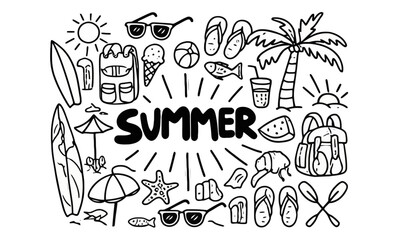 Black and White Summer Doodle Art Vector Set