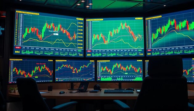 Financial charts displayed on multiple screens in a modern trading room, desk, screen - Powered by Adobe