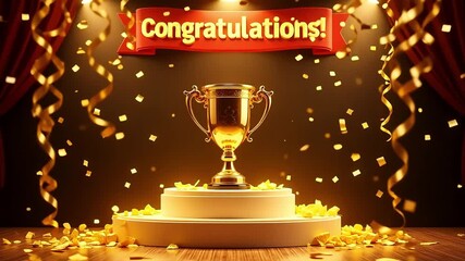 Golden trophy on stage with confetti and congratulations banner, award ceremony celebration background, victory achievement concept  
