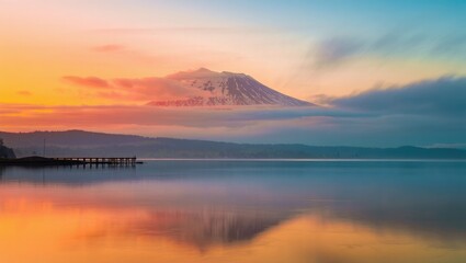 Snow capped mountain and pier at colorful sunrise over lake