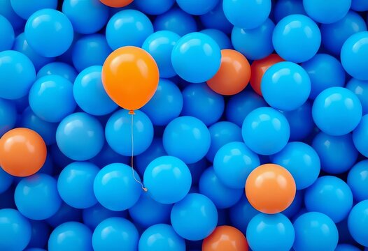 A single orange balloon floats amidst a cluster of blue balloons, celebration, outdoor - Powered by Adobe