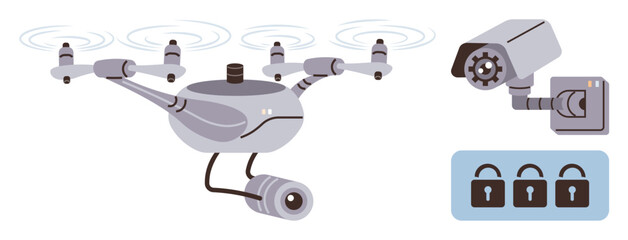 Drone with camera, surveillance camera on wall mount, and secure padlocks representing safety, monitoring, and technology. Ideal for security tech, surveillance, privacy, data safety innovation