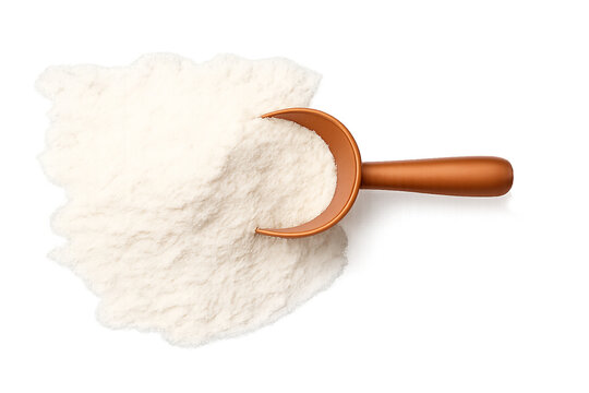 Top view of white nutritional powder like flour or protein with a wooden scoop, isolated.
