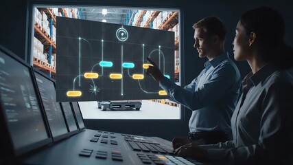 Logistics professionals in a control room managing an automated warehouse with an interactive augmented reality display. - Powered by Adobe