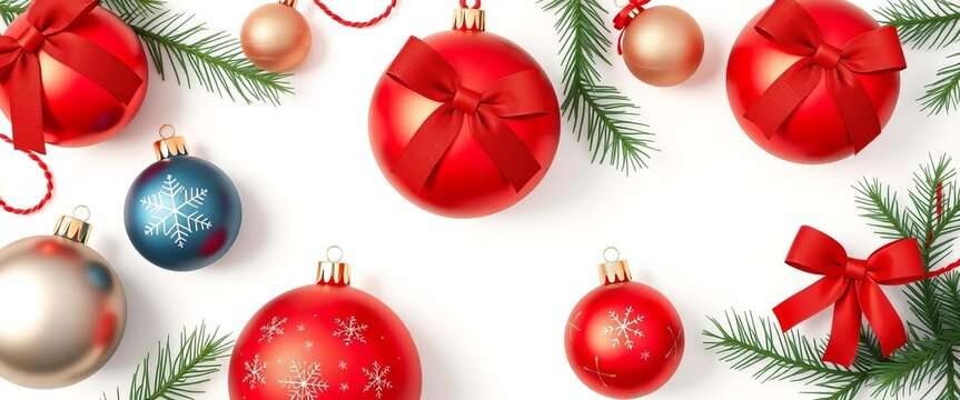 Set of minimalist Scandinavian Christmas ball ornaments with bows, isolated on white ,  tree,  illustration - Powered by Adobe