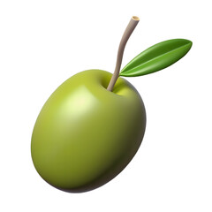 3d icon of a single green olive with a leaf isolated on transparent background