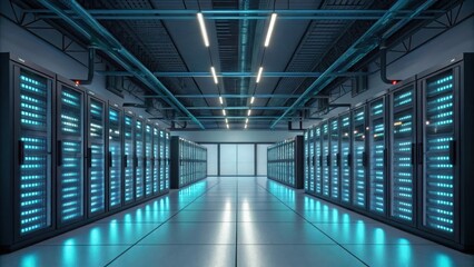 Fototapeta premium Modern server room with rows of glowing blue computer racks