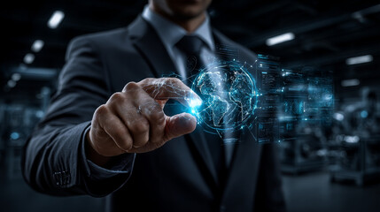 The businessman holds a global Industry 4.0 sphere, symbolizing a network connected to advanced manufacturing and digital transformation. Accelerating product development through data-driven insights.