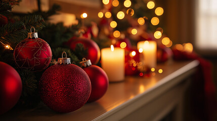 Red baubles and candles on festive Christmas mantel