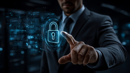 Businessman hold secure connection network connecting icon related to cybersecurity, ensuring data safety, privacy, protection, threat prevention, encryption, and efficient cybersecurity solution.