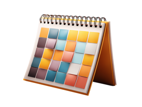 3D Spiral-Bound Calendar Icon with Colorful Date Blocks, Angled Perspective, Isolated on Transparent Background.png