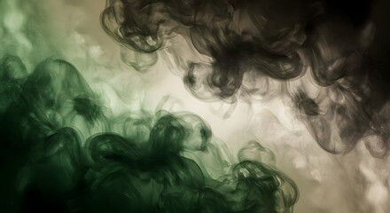 Fototapeta premium Abstract Smoke Artistry: Elegant and ethereal swirls of green and black smoke dance in an artistic display. Blending light, shadow, and color to captivate the imagination.