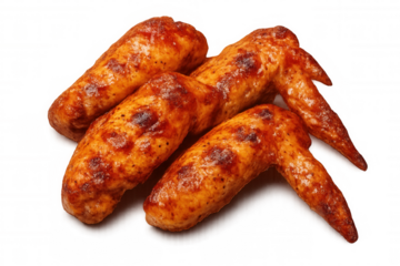 Roasted golden chicken wings, seasoned with herbs, gleaming against transparent backdrop, perfect for culinary marketing materials