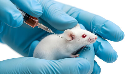 White Mouse Being Injected by Scientist in Blue Gloves