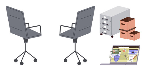 Rotating office chairs, a file cabinet with drawers, cardboard boxes, and a laptop screen featuring cybersecurity elements. Ideal for workspace, organization, storage, digital security, office setup