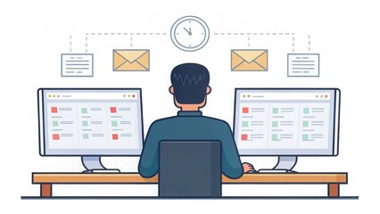 Person working on dual monitors with email and time management icons