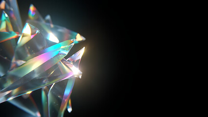 Abstract close up of a crystal prism refracting light creating a spectrum of rainbow colors against a dark background showcasing geometric facets and ethereal glow