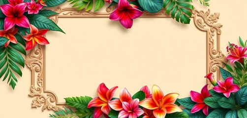 Obraz premium Empty ornate frame encircled by lush tropical foliage and vibrant blooms on a beige backdrop, monstera, invitation