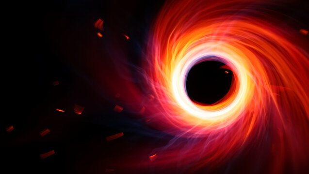 A vibrant swirling accretion disk of superheated gas and plasma surrounds a dark mysterious black hole in the vastness of deep space
