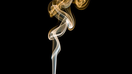 Elegant wisps of golden and white smoke gracefully ascend against a stark black background creating a mesmerizing abstract visual with flowing organic shapes and ethereal movement