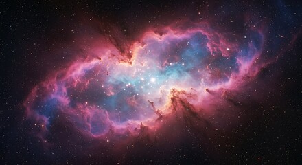 Obraz premium A breathtaking cosmic cloud, a luminous stellar nursery of gas and dust, radiating a vibrant, ethereal glow across the vast, intricate expanse of the distant universe.