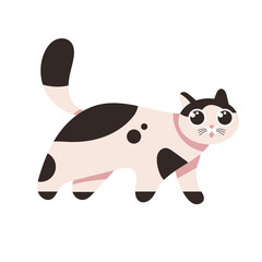 Cute playful black and white cat in anime style. Flat vector illustration isolated on white background.