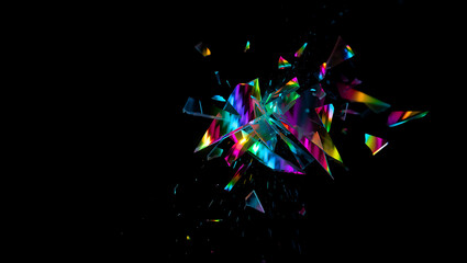 Vibrant abstract explosion of colorful light shards and geometric shapes against a deep black background creating a dynamic and energetic visual