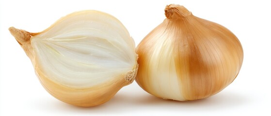 Two whole and cut onions on white background