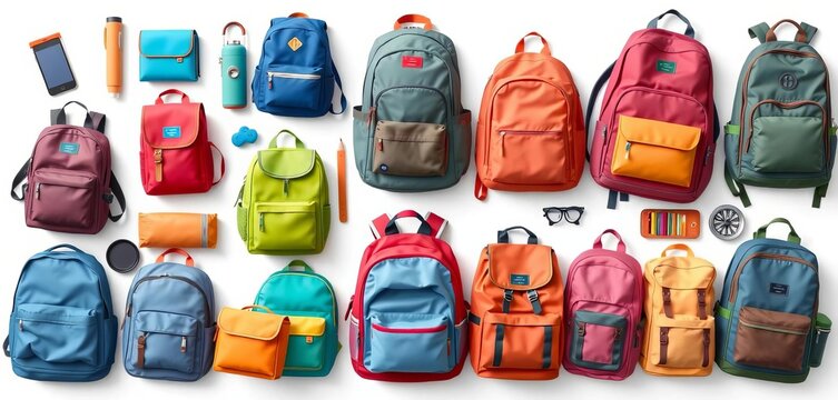 Flat lay vector illustration of diverse backpacks and schoolbags on white background,  modern,  gear