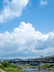 夏の空と橋が架かる猪名川の風景