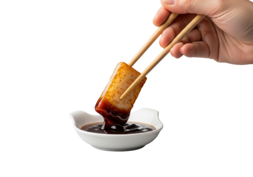 Well-manicured light-skinned hand with wooden chopsticks dips crispy golden-brown pan-fried turnip cake into dark hoisin sauce on transparent background, extreme close-up, appetizing culinary