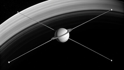 Saturn s rings and a space probe with four arms in deep space