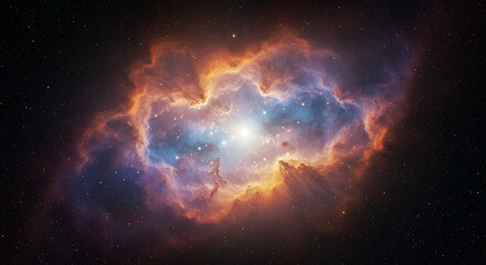 Obraz premium A breathtaking celestial landscape showing a vibrant, multicolored nebula glowing in the vastness of deep space, illuminated by a central star cluster