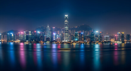 Fototapeta premium Illuminated Cityscape at Night Reflecting on Water