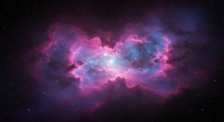 Vast cosmic nebula with glowing pink and blue gas clouds against a dark starry background
