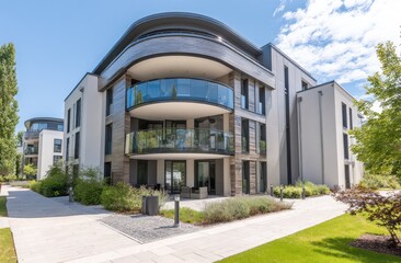 Modern apartment building complex on sunny day